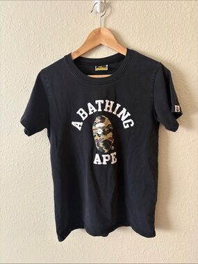 A Bathing Ape Black Logo Tee with Camo Ape Head Kids Child Size XL